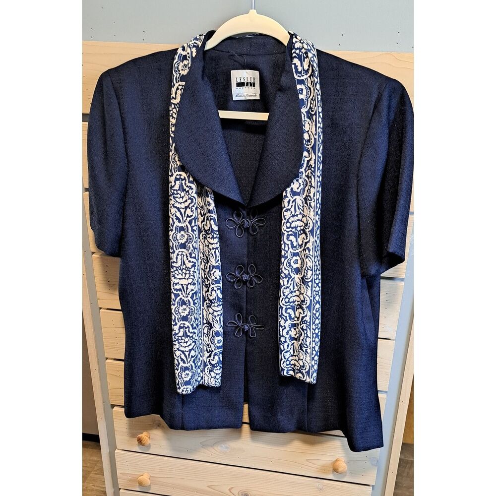 Vintage Leslie Fay Navy Blue Top with Patterned Scarf & Frog Closures- Size 16